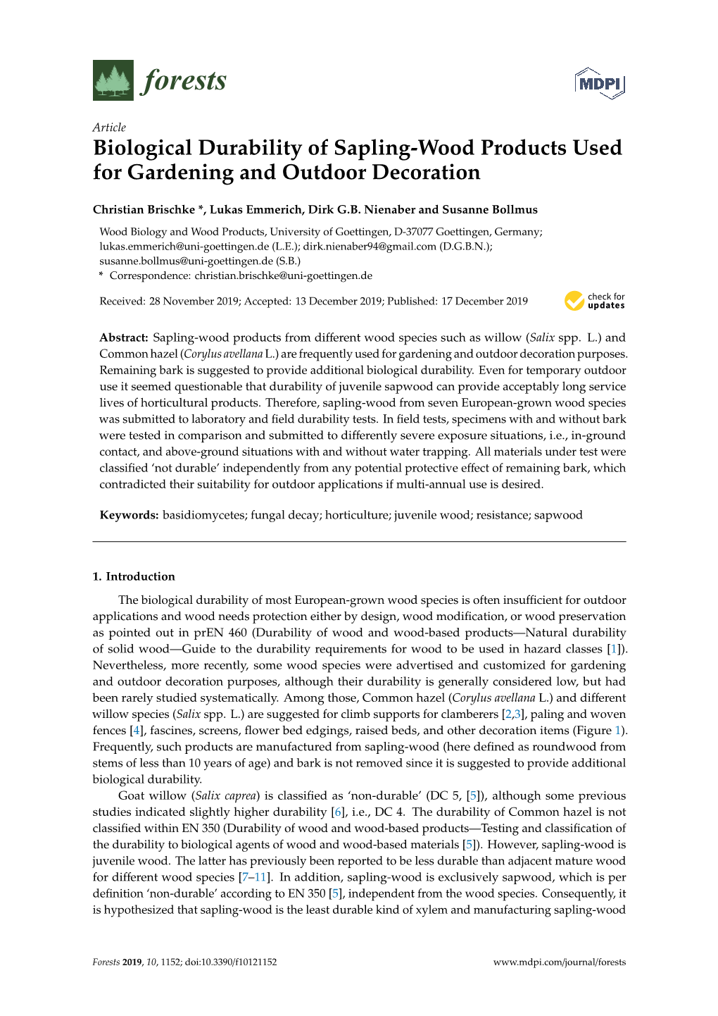 Biological Durability of Sapling-Wood Products Used for Gardening and Outdoor Decoration