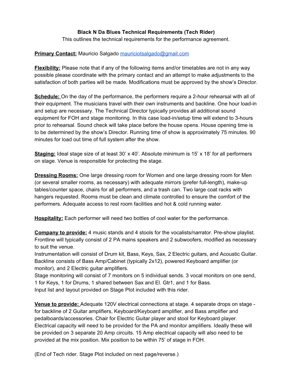 Black N Da Blues Technical Requirements (Tech Rider) This Outlines the Technical Requirements for the Performance Agreement