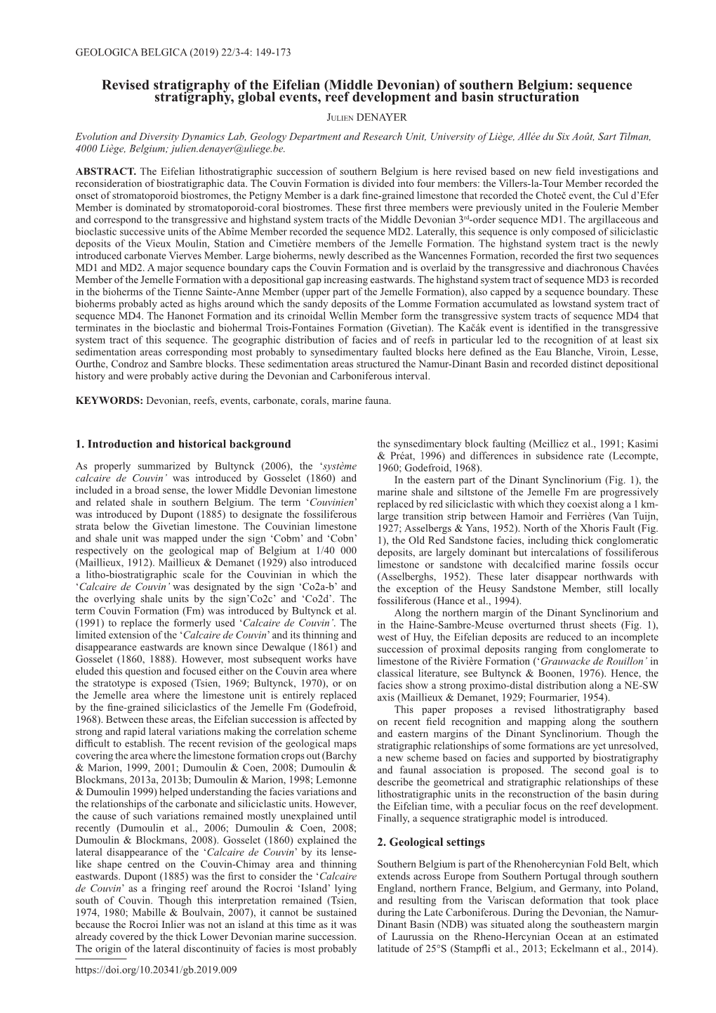 Revised Stratigraphy of the Eifelian (Middle Devonian) of Southern Belgium: Sequence Stratigraphy, Global Events, Reef Development and Basin Structuration