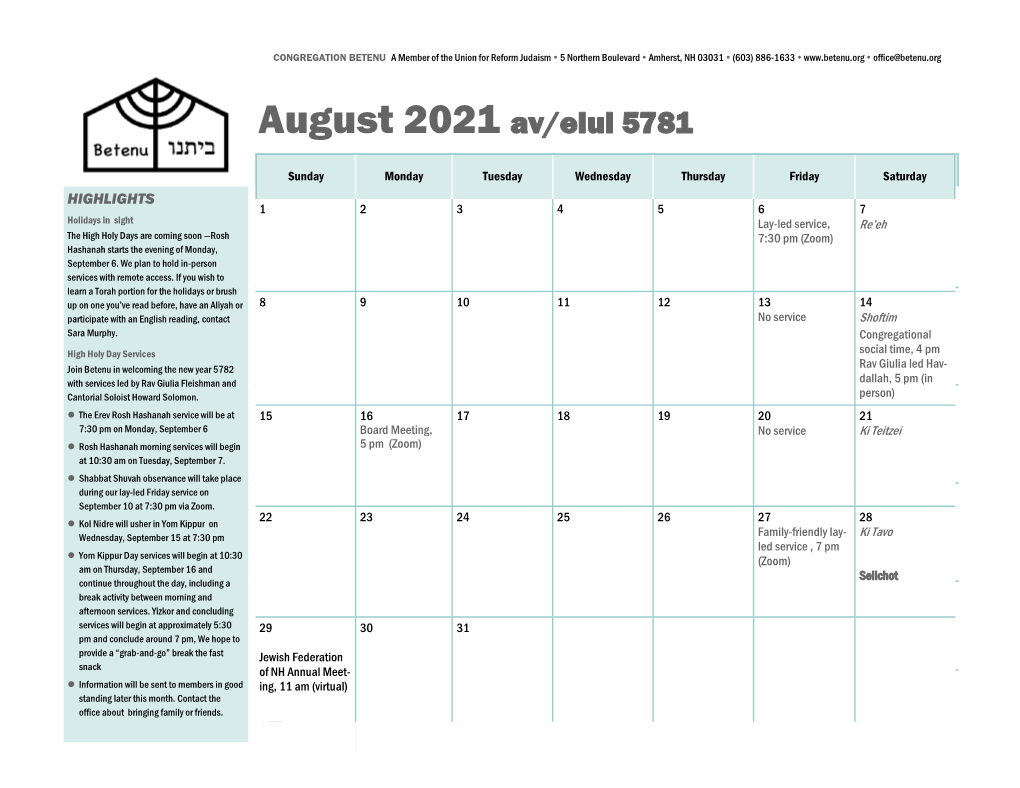 August 2021 Calendar