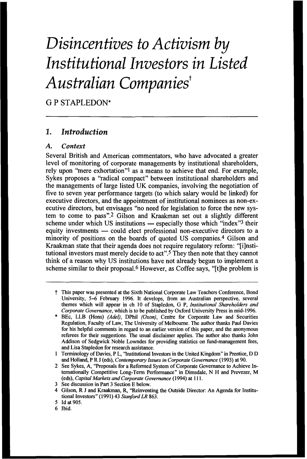 Disincentives to Activism by Institutional Investors in Listed Australian Companiest G P STAPLEDON*