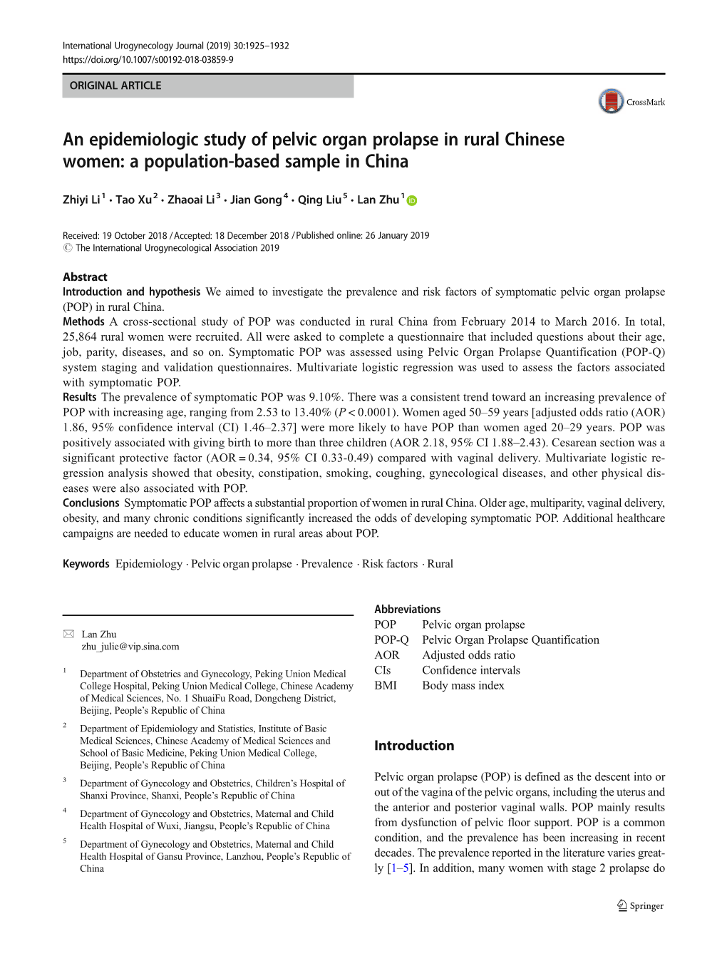 An Epidemiologic Study of Pelvic Organ Prolapse in Rural Chinese Women: a Population-Based Sample in China