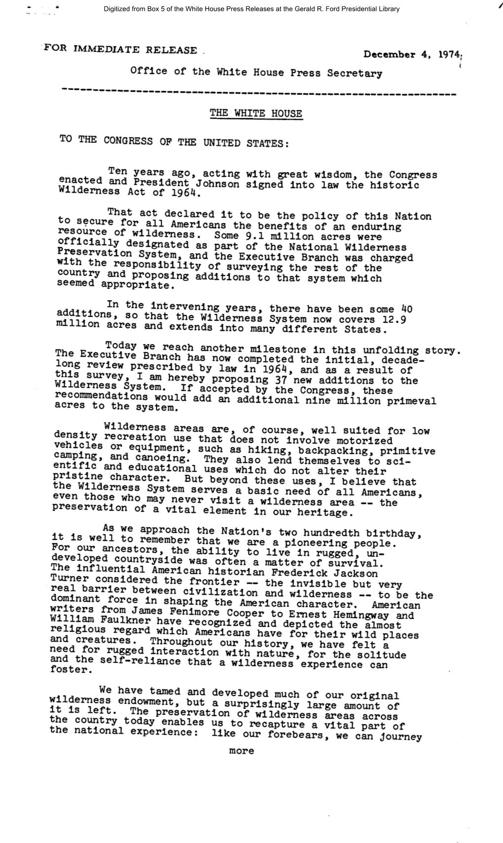 Gerald R. Ford Administration White House Press Releases