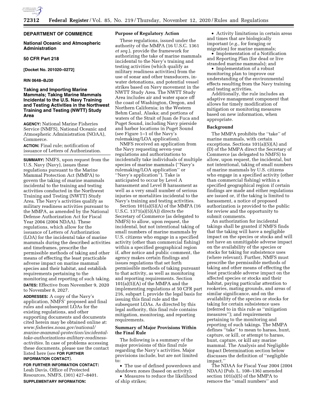 Federal Register/Vol. 85, No. 219/Thursday, November 12, 2020/Rules and Regulations