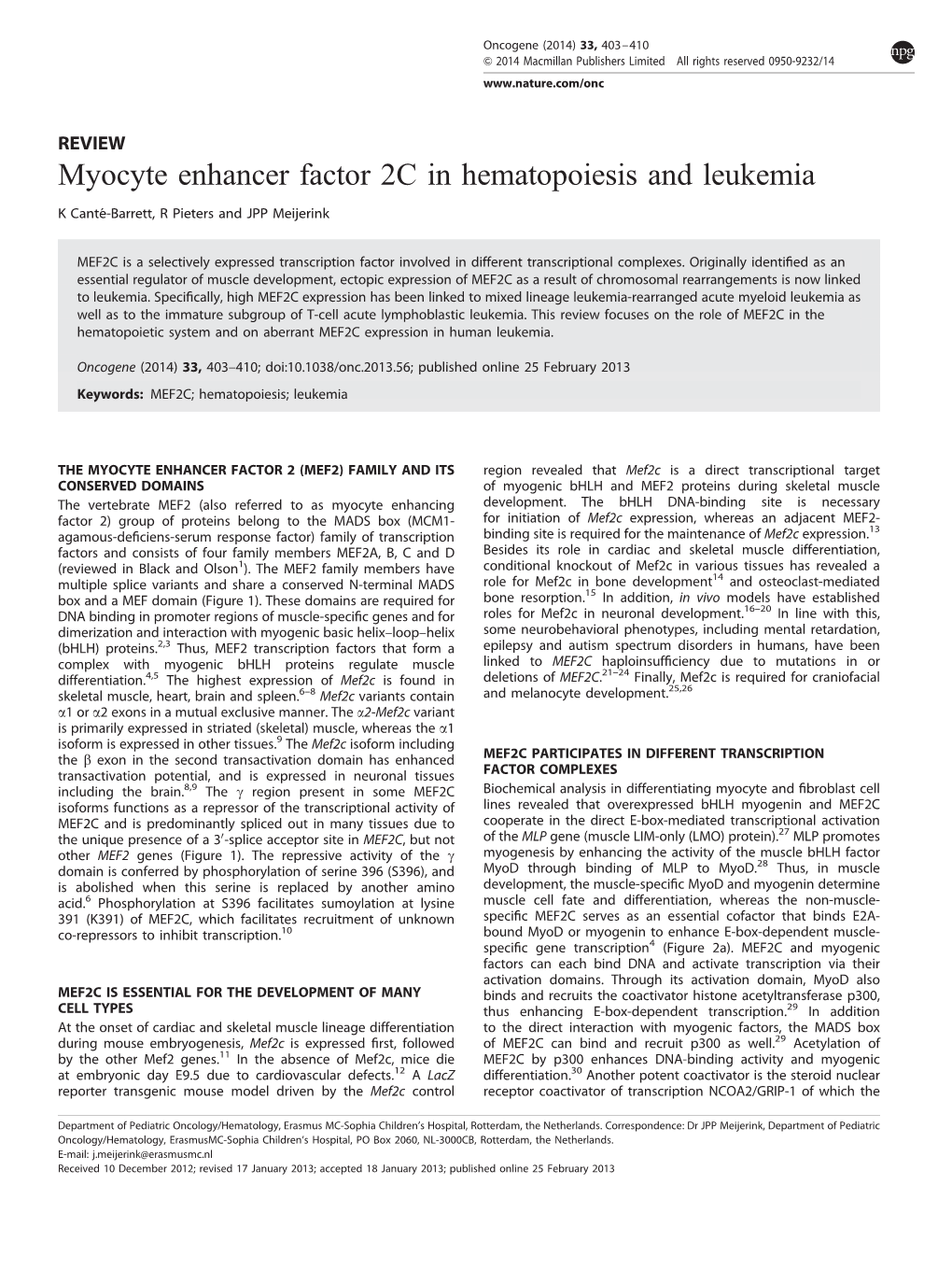 Myocyte Enhancer Factor 2C in Hematopoiesis and Leukemia