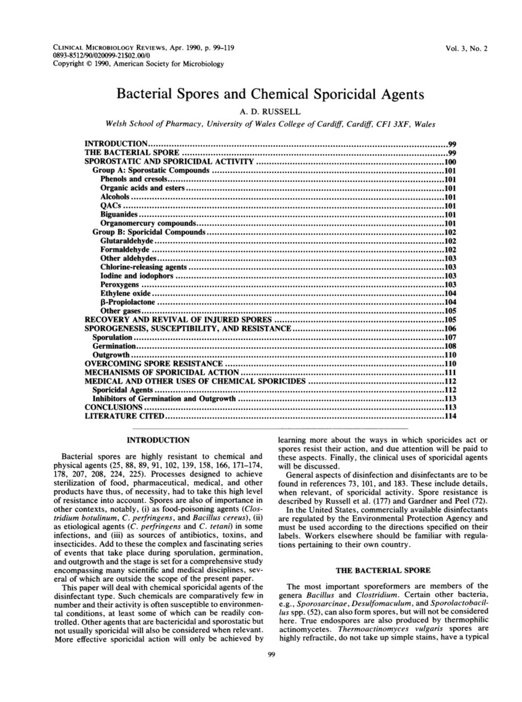 Bacterial Spores and Chemical Sporicidal Agents A