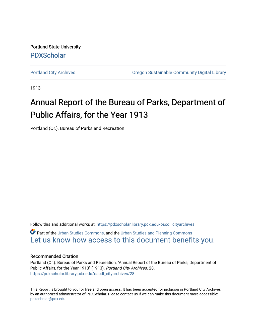 Annual Report of the Bureau of Parks, Department of Public Affairs, for the Year 1913