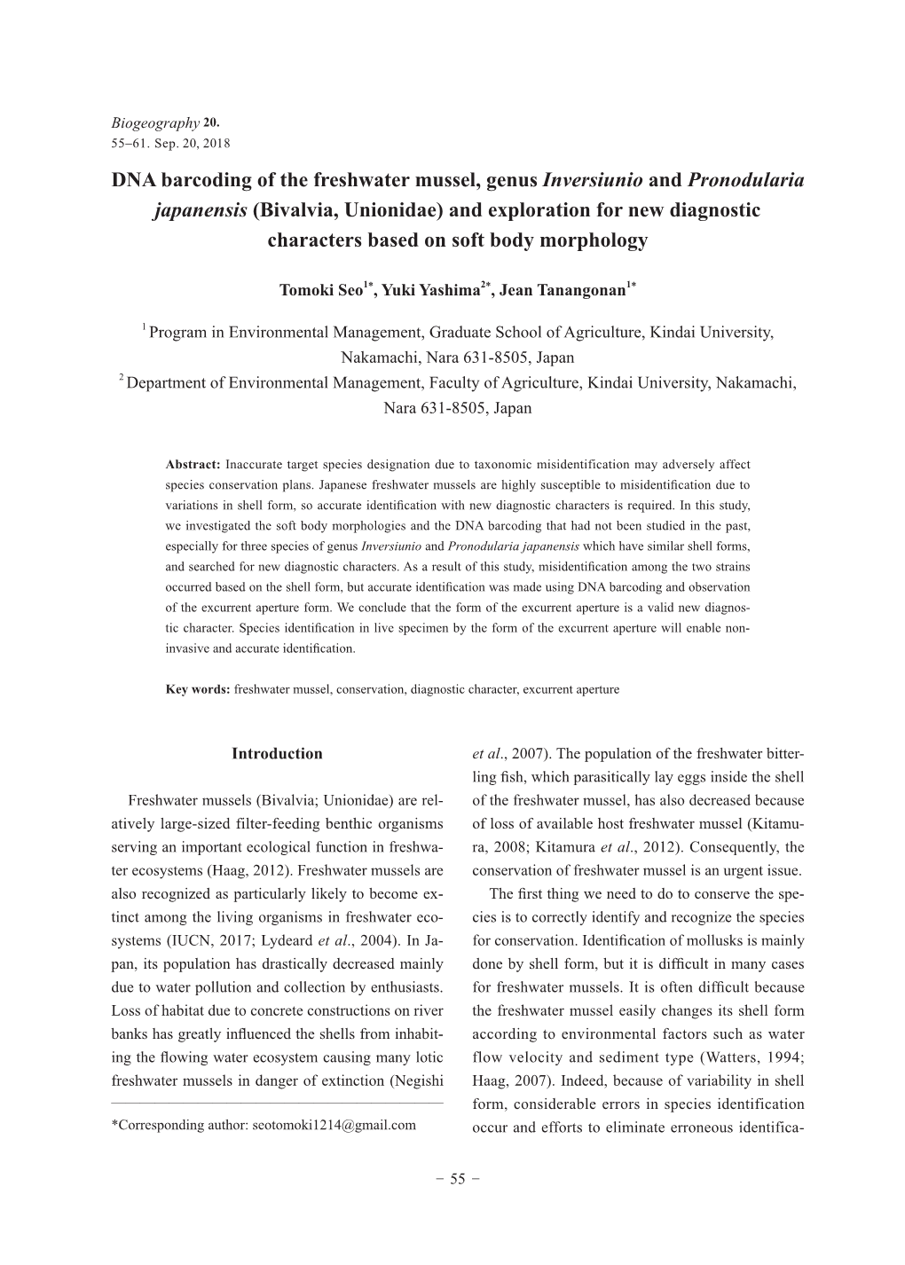 DNA Barcoding of the Freshwater Mussel, Genus Inversiunio