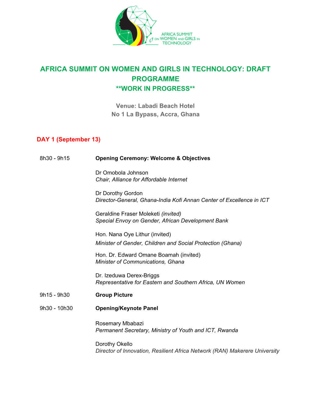 Africa Summit on Women and Girls in Technology: Draft Programme **Work in Progress**