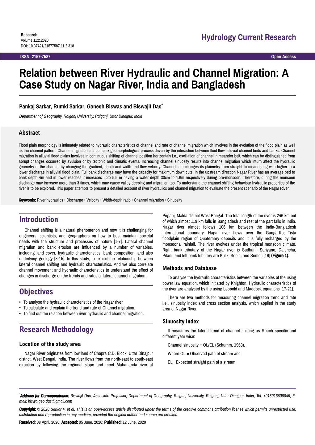 Relation Between River Hydraulic and Channel Migration: a Case Study on Nagar River, India and Bangladesh
