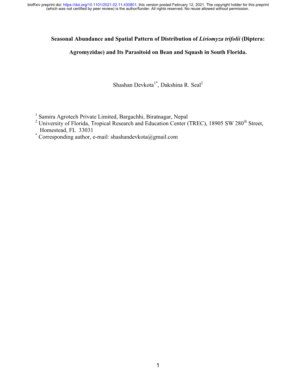 Seasonal Abundance and Spatial Pattern of Distribution of Liriomyza Trifolii (Diptera: Agromyzidae) and Its Parasitoid on Bean A