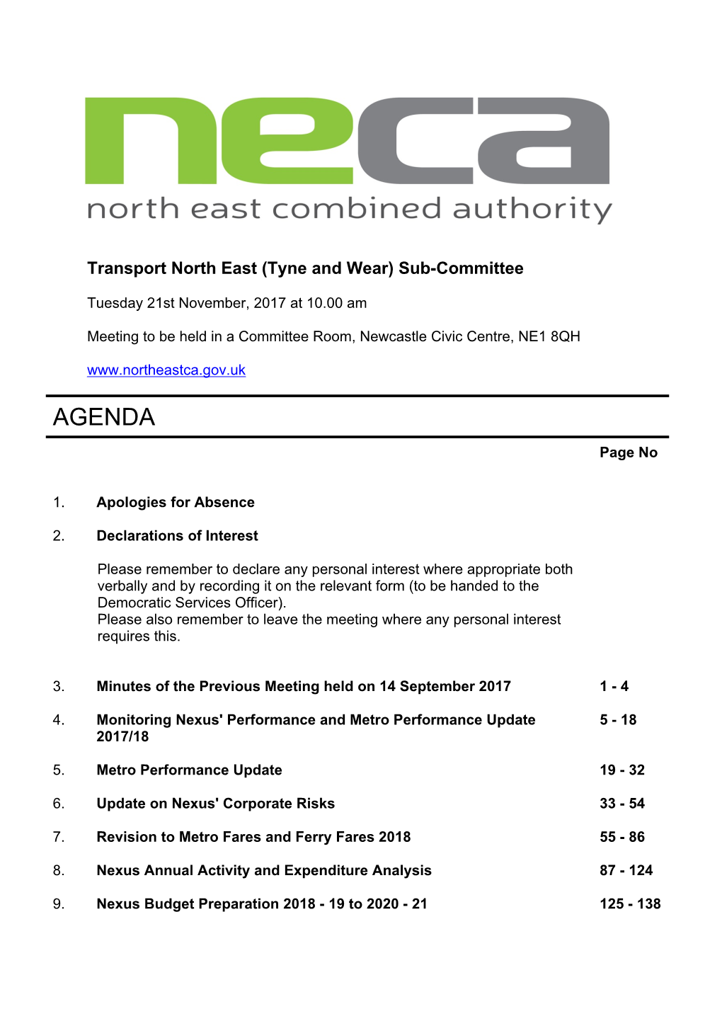 (Public Pack)Agenda Document for North East Combined Authority, Transport North East (Tyne and Wear) Sub-Committee, 21/11/2017 1