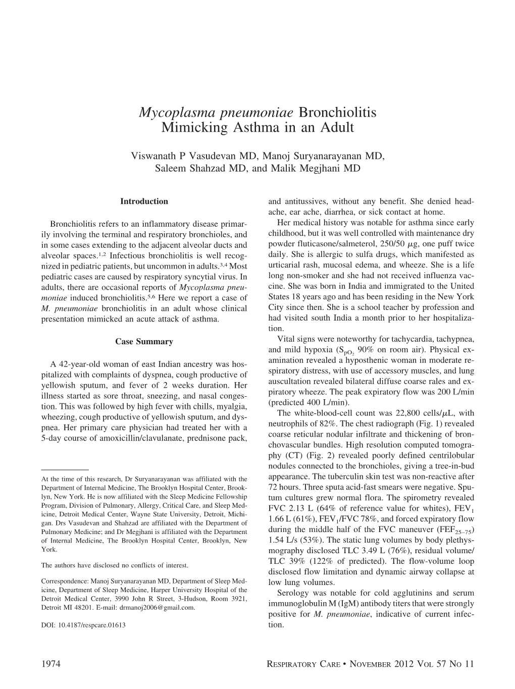 Mycoplasma Pneumoniae Bronchiolitis Mimicking Asthma in an Adult