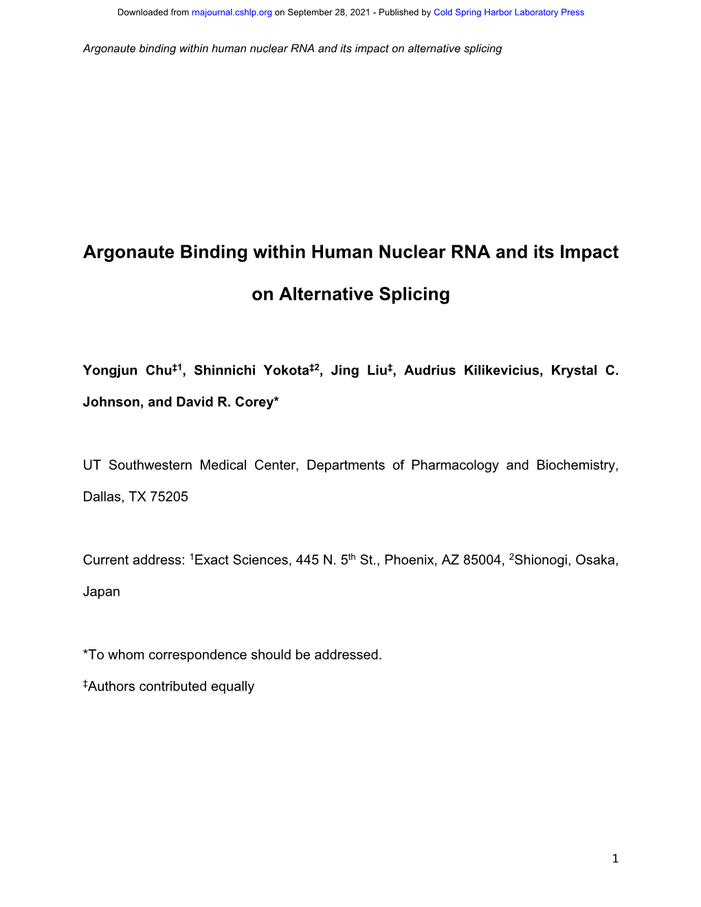 Argonaute Binding Within Human Nuclear RNA and Its Impact on Alternative Splicing