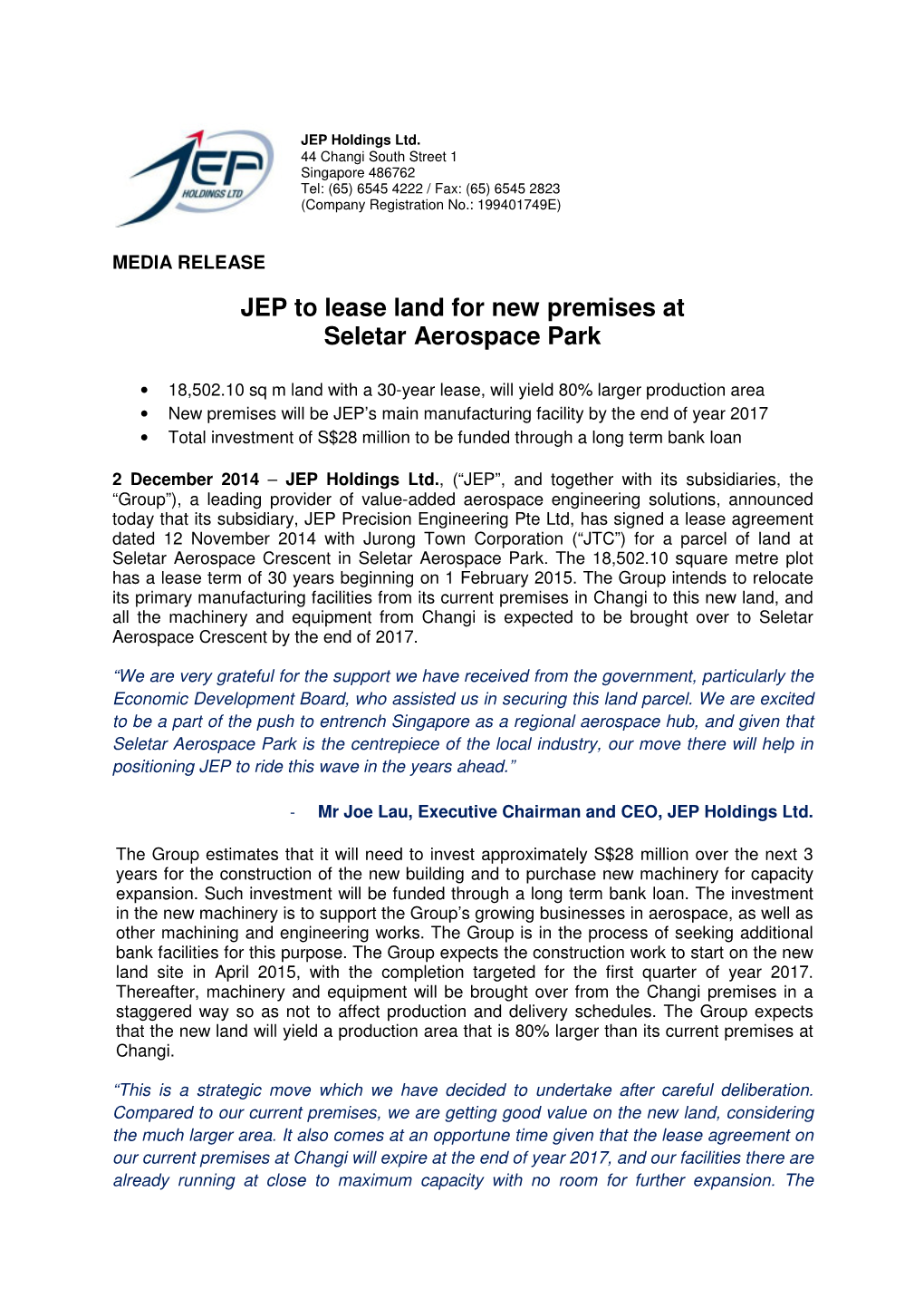 JEP to Lease Land for New Premises at Seletar Aerospace Park