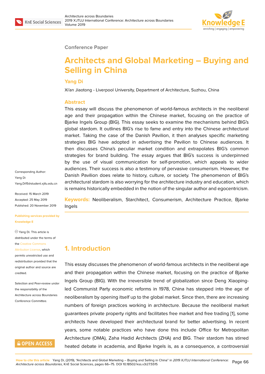 Architects and Global Marketing – Buying and Selling in China Yang Di Xi’An Jiaotong - Liverpool University, Department of Architecture, Suzhou, China