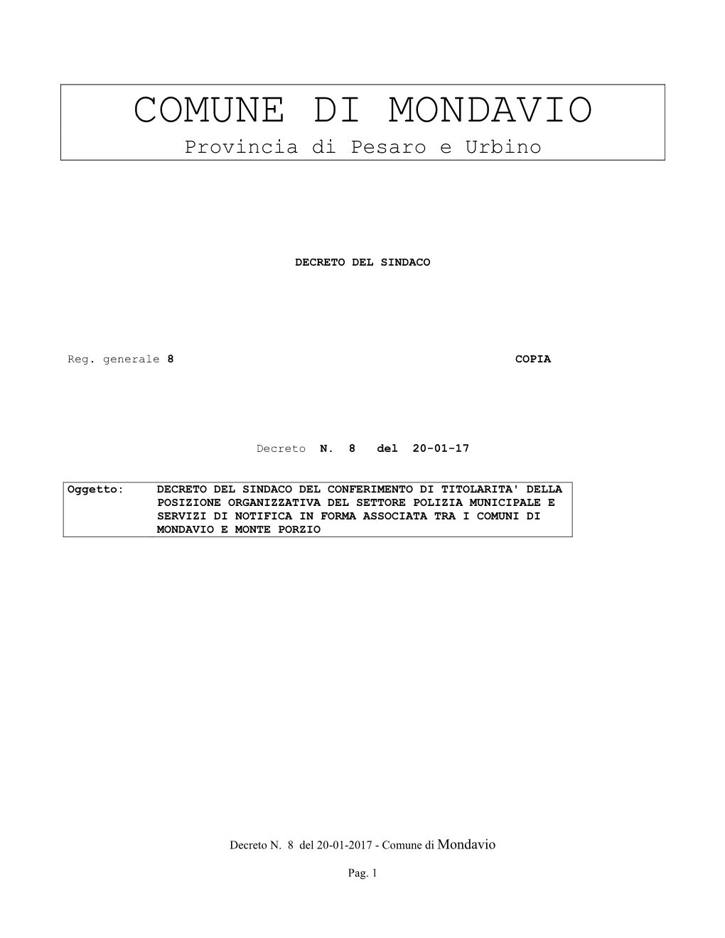 COMUNE DI MONDAVIO Provincia Di Pesaro E Urbino