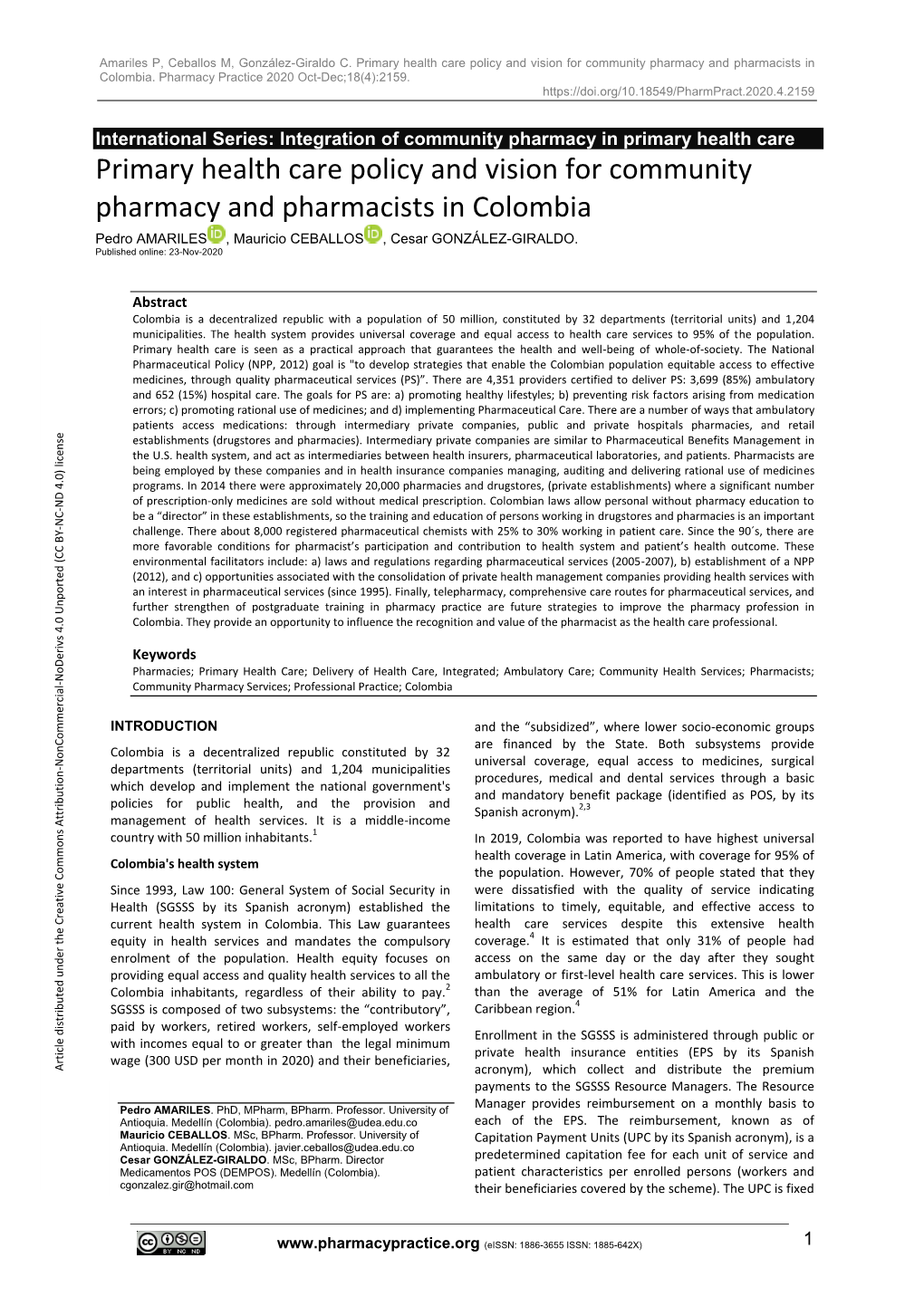 Primary Health Care Policy and Vision for Community Pharmacy and Pharmacists in Colombia