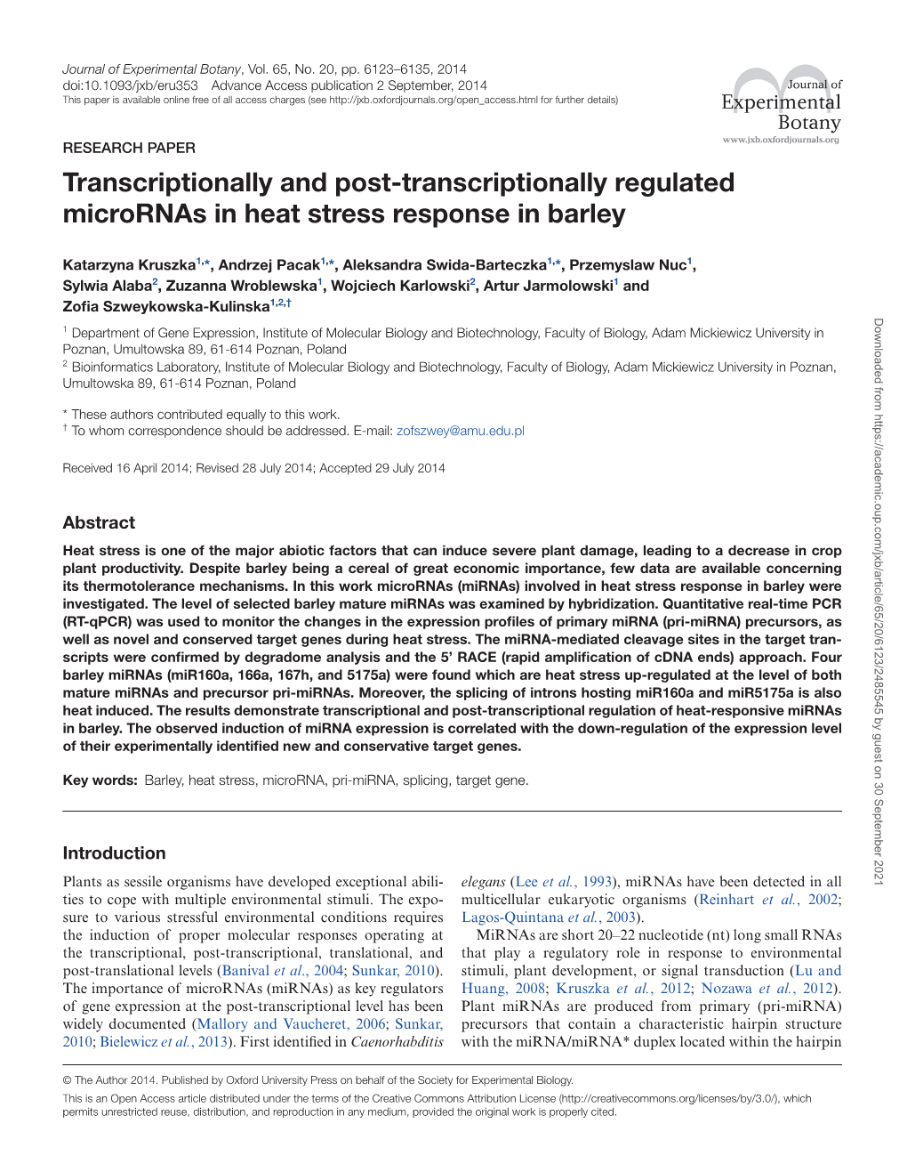 Transcriptionally and Post-Transcriptionally Regulated Micrornas in Heat Stress Response in Barley