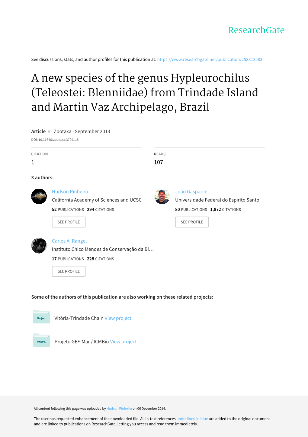 A New Species of the Genus Hypleurochilus (Teleostei: Blenniidae) from Trindade Island and Martin Vaz Archipelago, Brazil