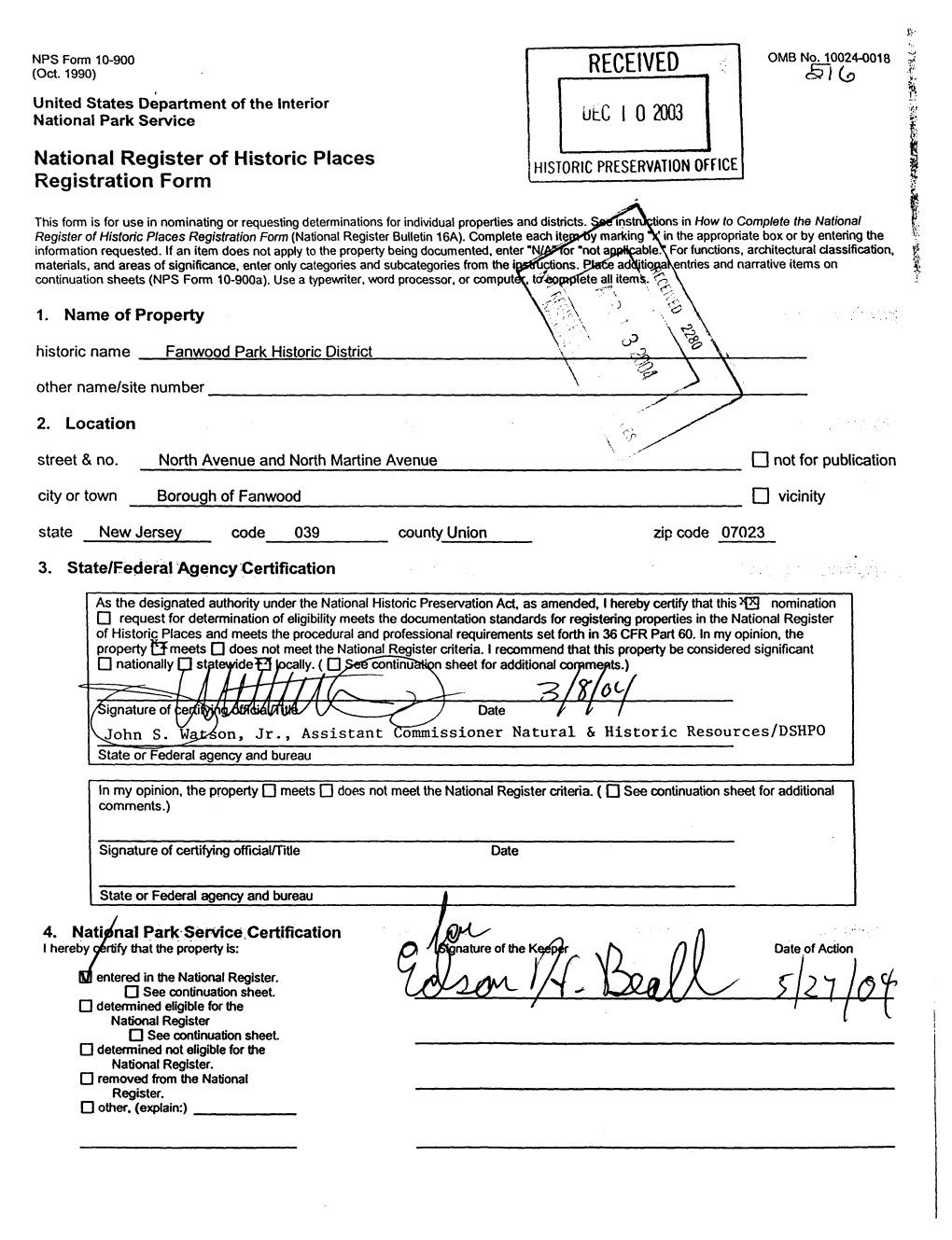 National Register of Historic Places Continuation Sheet Fanwood Park Historic District Section Number 7 Page 1 Union County, New Jersey