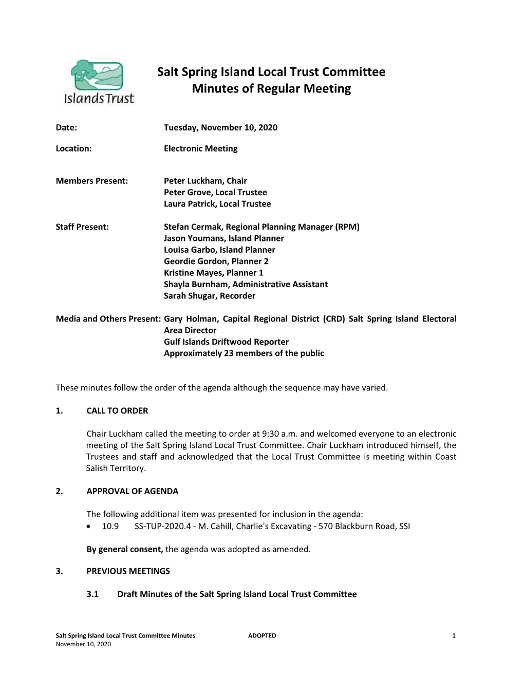 Salt Spring Island Local Trust Committee Minutes of Regular Meeting