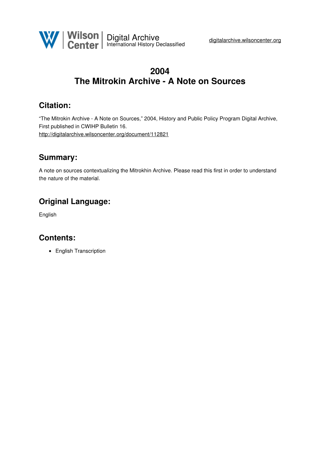 2004 the Mitrokin Archive - a Note on Sources