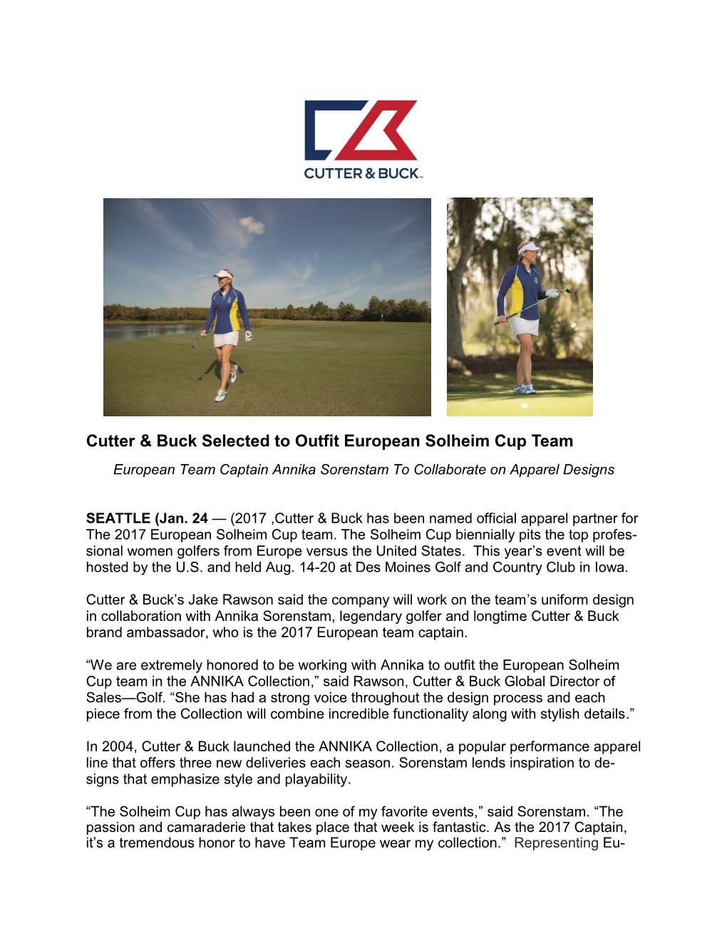 Cutter & Buck Selected to Outfit European Solheim Cup Team