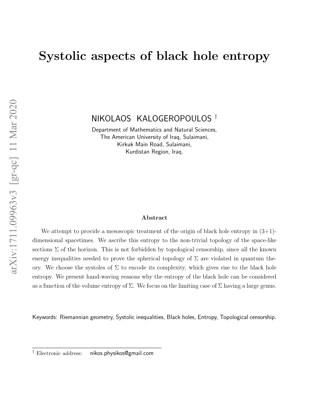 Systolic Aspects of Black Hole Entropy