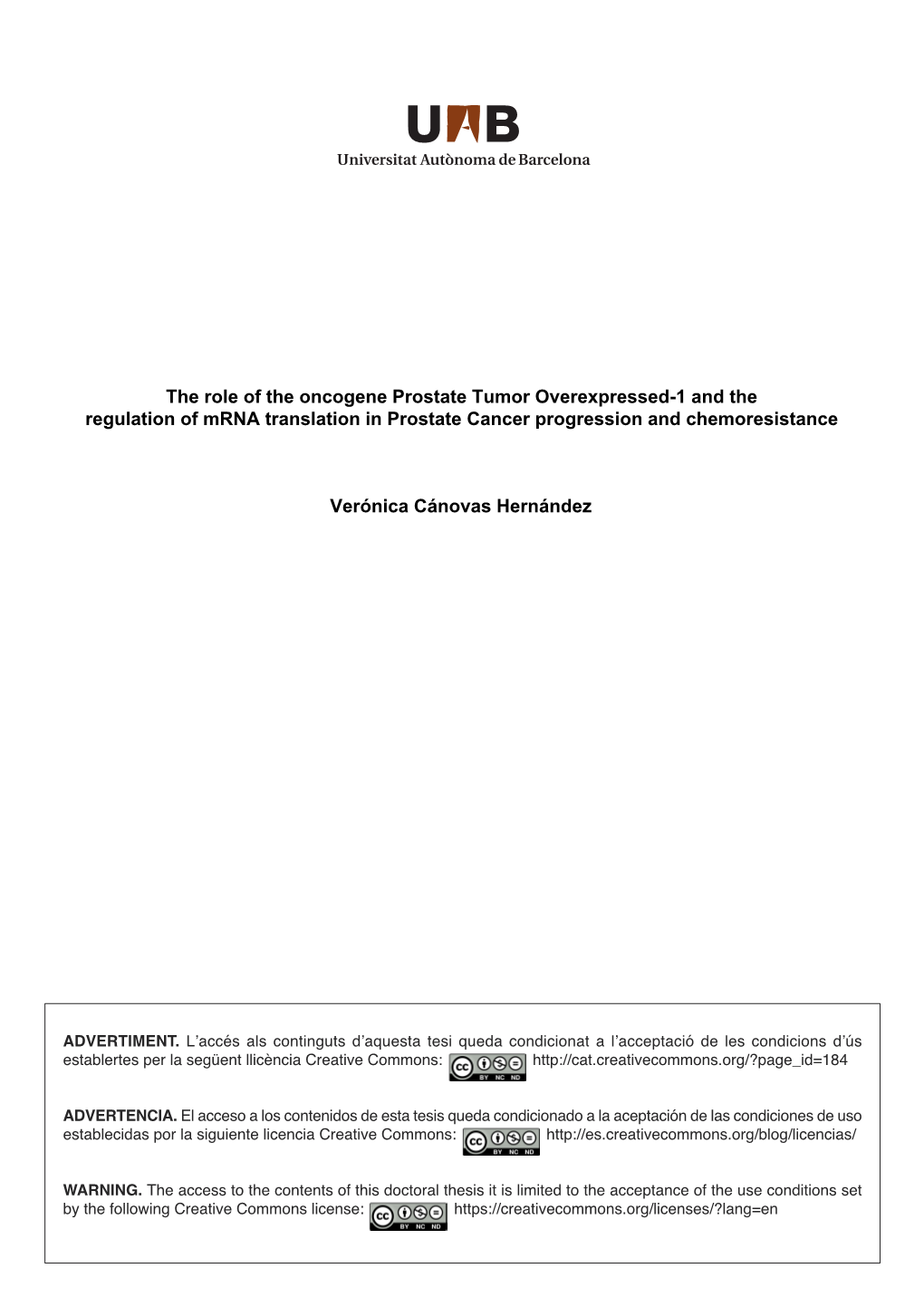 The Role of the Oncogene Prostate Tumor Overexpressed-1 and the Regulation of Mrna Translation in Prostate Cancer Progression and Chemoresistance