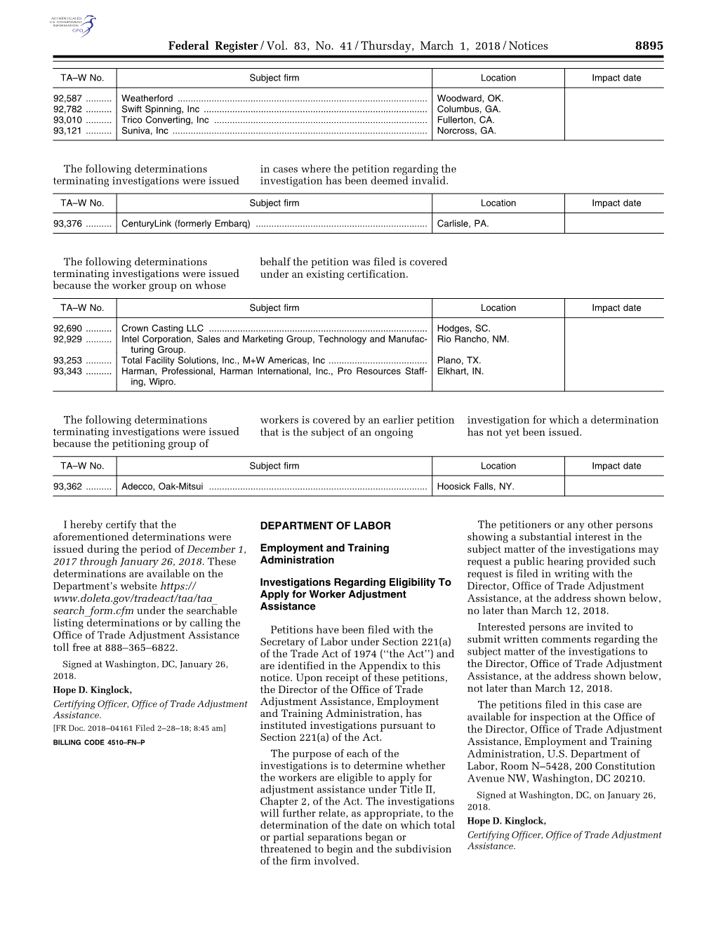 Federal Register/Vol. 83, No. 41/Thursday, March 1, 2018/Notices