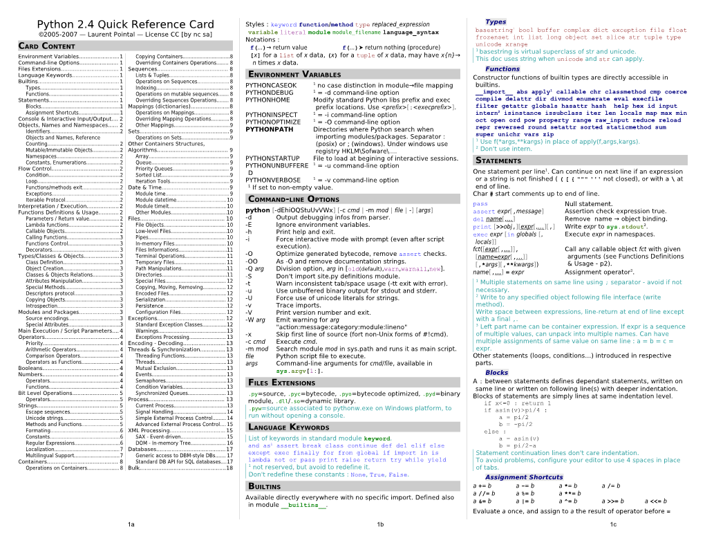 Python 2.4 Quick Reference Card