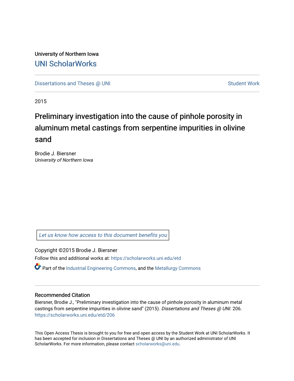 Preliminary Investigation Into the Cause of Pinhole Porosity in Aluminum Metal Castings from Serpentine Impurities in Olivine Sand