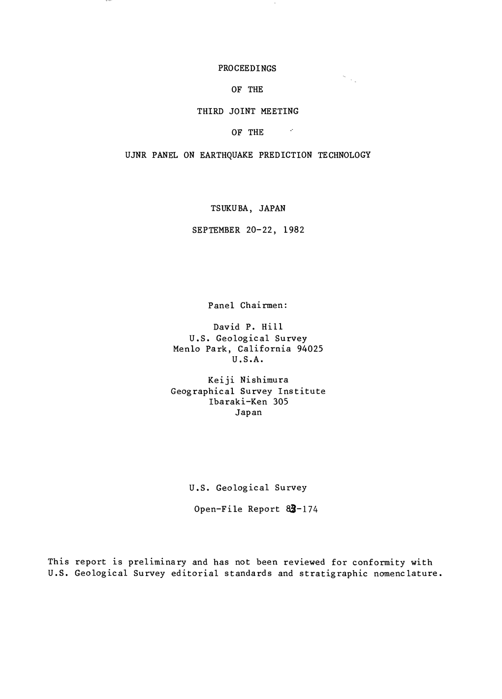 Proceedings of the Third Joint Meeting of the Ujnr Panel on Earthquake Prediction Technology Tsukuba, Japan September 20-22