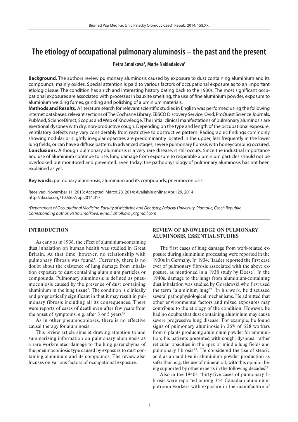 The Etiology of Occupational Pulmonary Aluminosis–The Past And