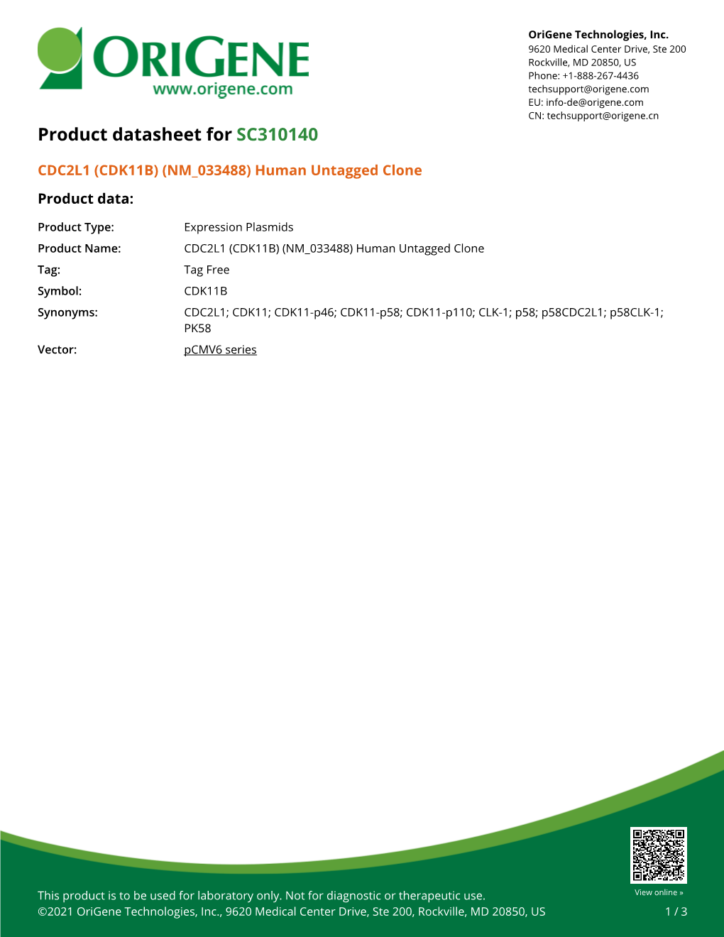 CDC2L1 (CDK11B) (NM 033488) Human Untagged Clone Product Data