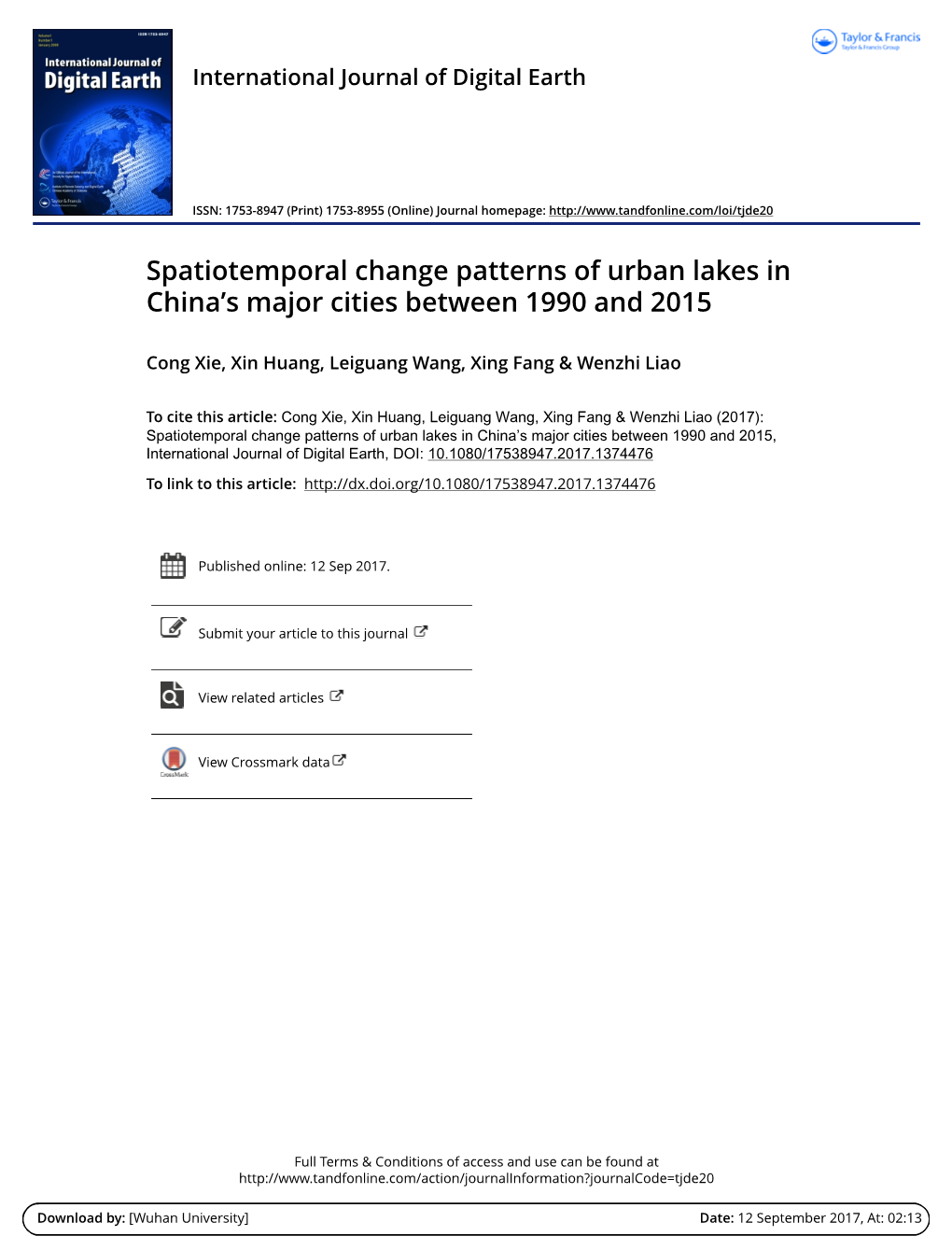 Spatiotemporal Change Patterns of Urban Lakes in Chinas Major Cities