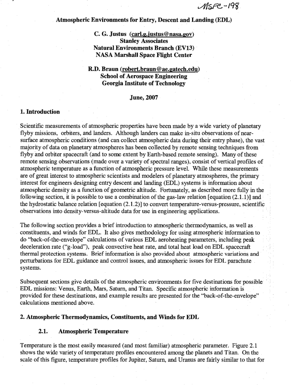 Atmospheric Environments for Entry, Descent and Landing (EDL) C. G