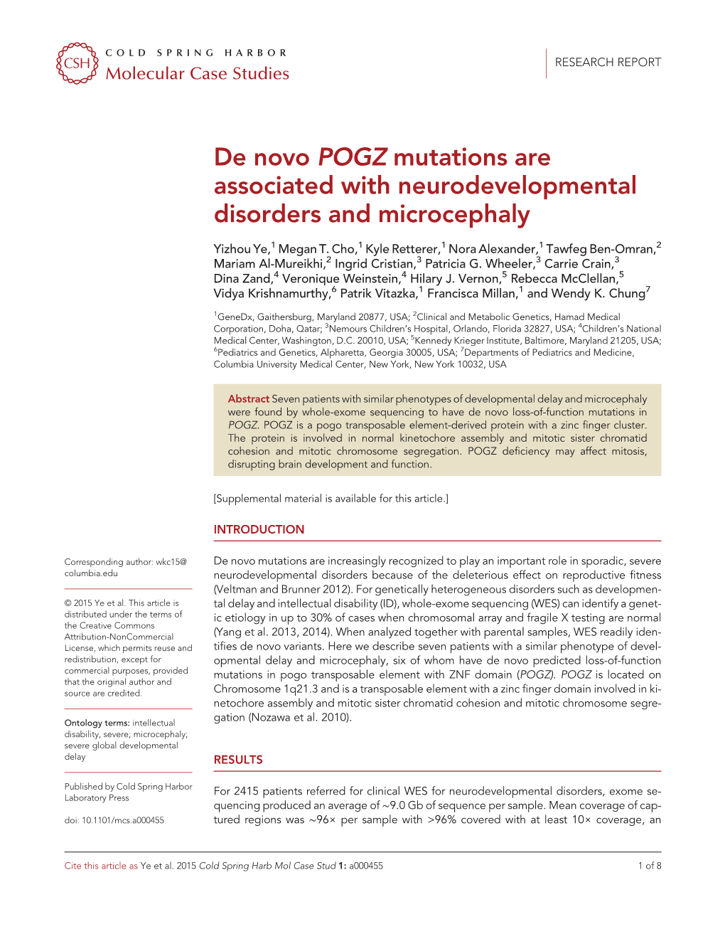 De Novo POGZ Mutations Are Associated with Neurodevelopmental Disorders and Microcephaly