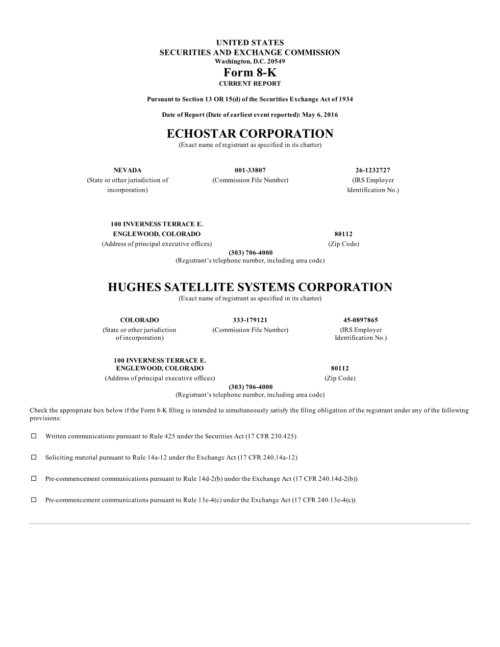 Form 8-K ECHOSTAR CORPORATION HUGHES SATELLITE