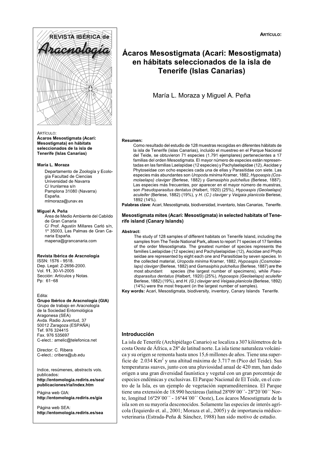 Acari: Mesostigmata) En Hábitats Seleccionados De La Isla De Tenerife (Islas Canarias