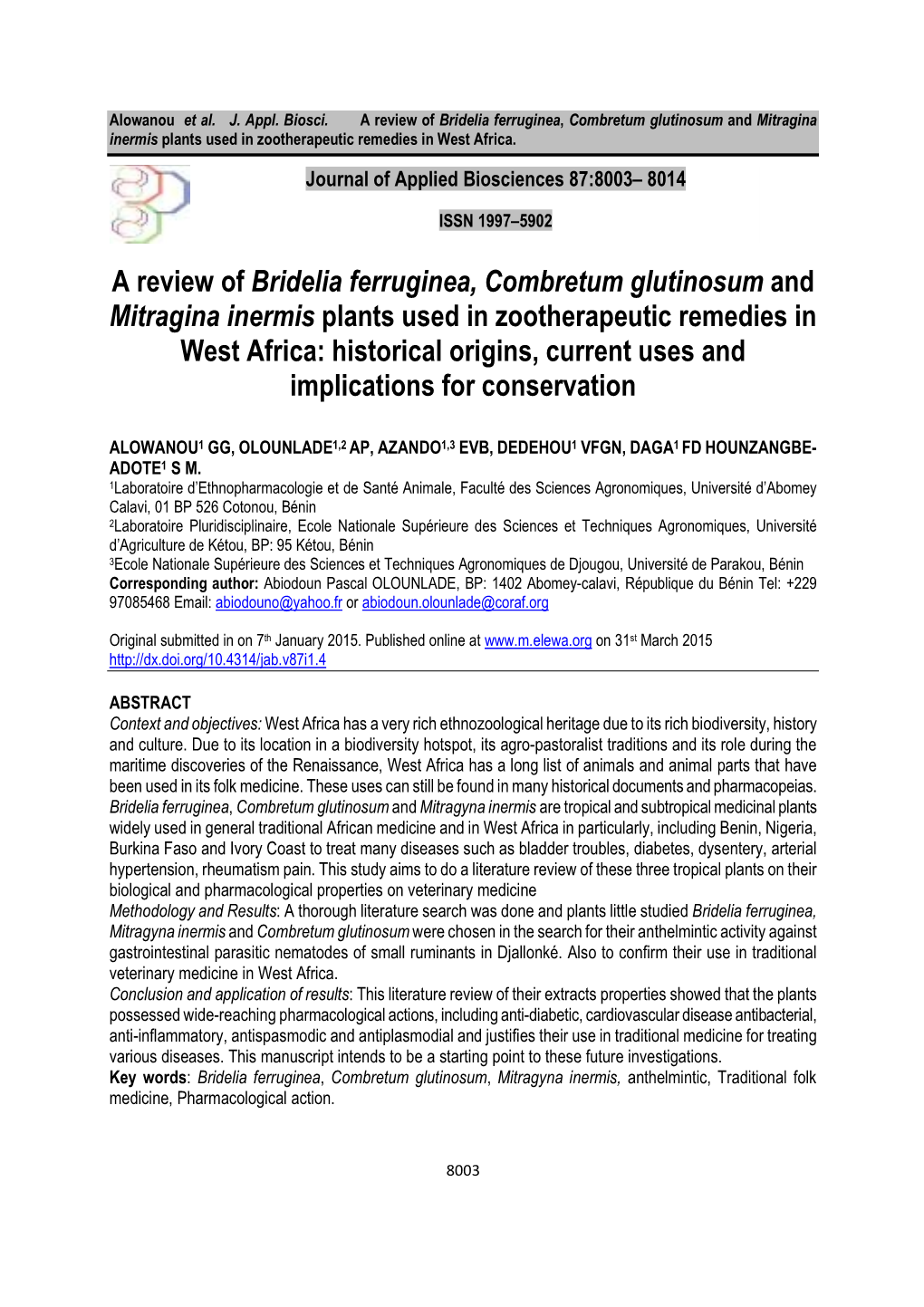 A Review of Bridelia Ferruginea, Combretum Glutinosum And