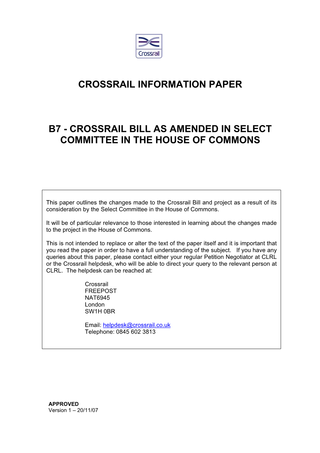 Crossrail Bill As Amended in Select Committee in the House of Commons