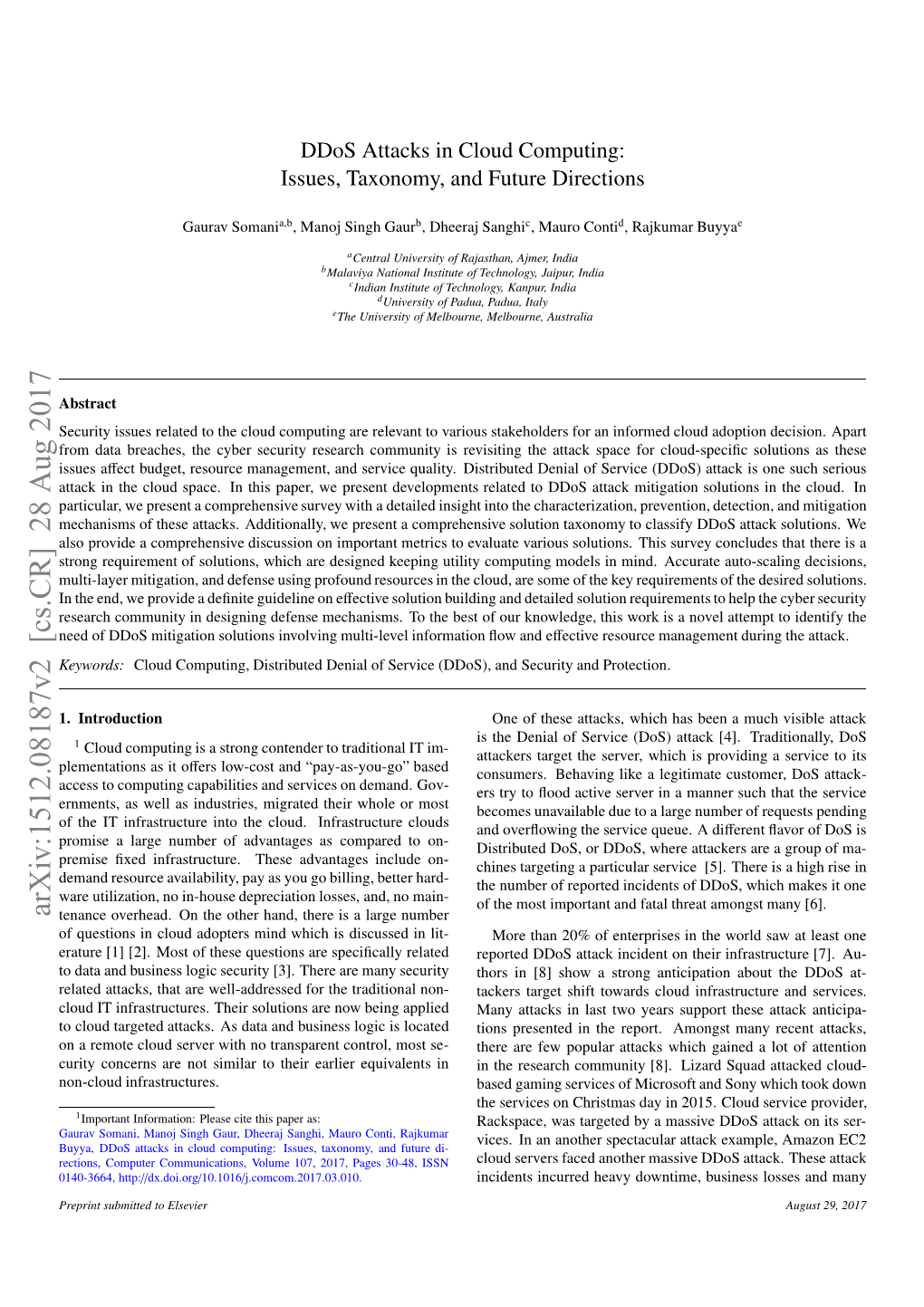 Arxiv:1512.08187V2 [Cs.CR] 28 Aug 2017 Keywords: Edo Dsmtgto Ouin Novn Ut-Ee in Multi-Level Involving Solutions the Mitigation to Ddos of Mechanisms