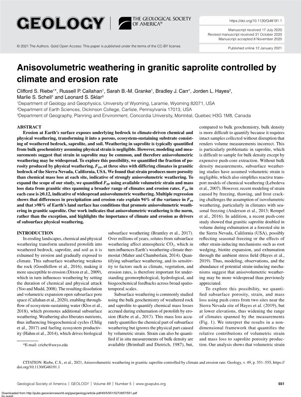 Anisovolumetric Weathering in Granitic Saprolite Controlled by Climate and Erosion Rate Clifford S