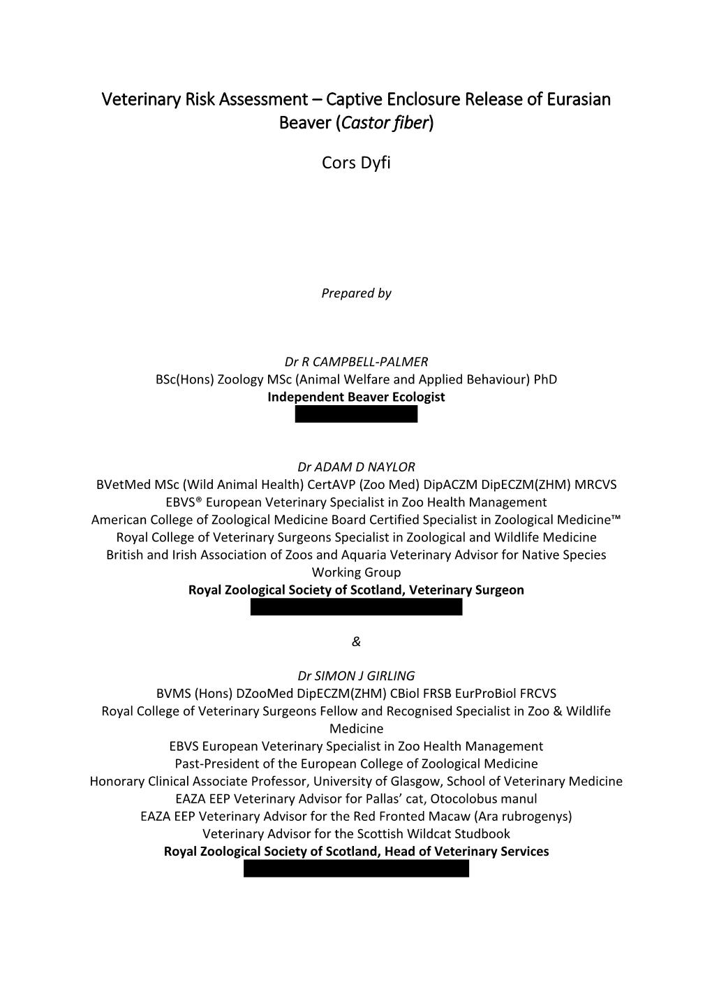 Veterinary Risk Assessment – Captive Enclosure Release of Eurasian Beaver (Castor Fiber)