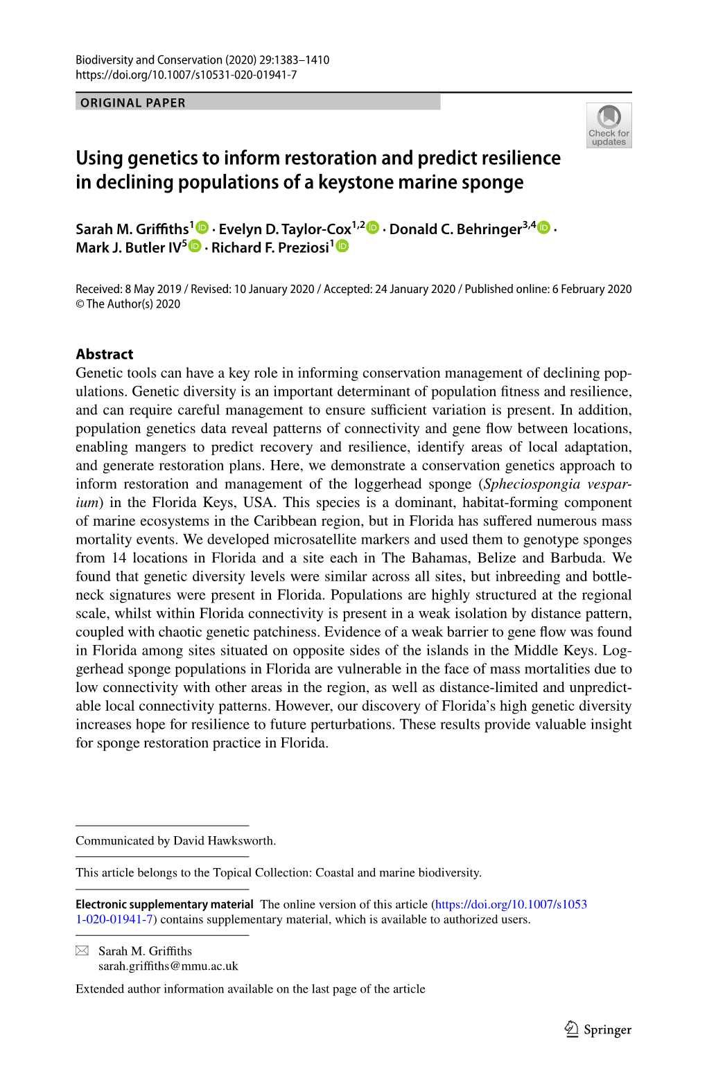 Using Genetics to Inform Restoration and Predict Resilience in Declining Populations of a Keystone Marine Sponge