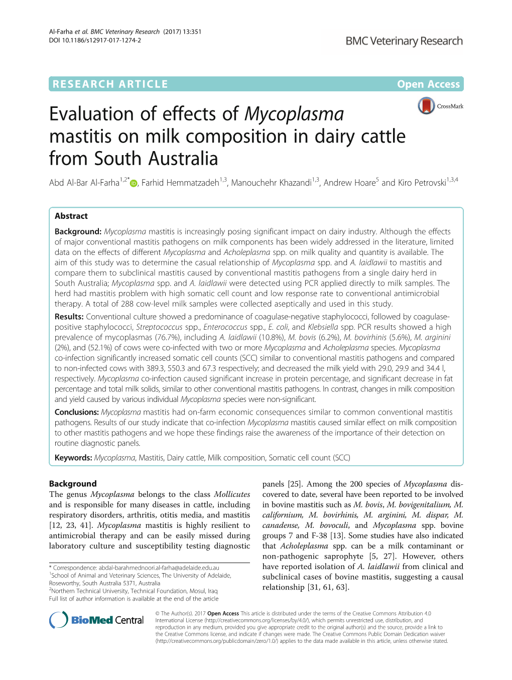 Evaluation of Effects of Mycoplasma Mastitis on Milk Composition in Dairy