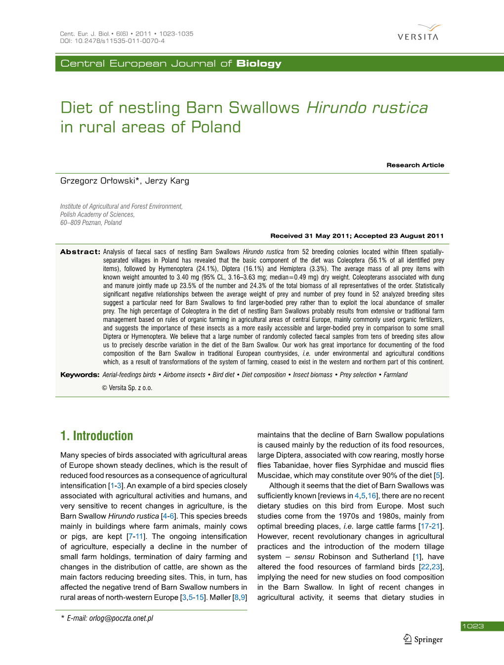 Diet of Nestling Barn Swallows Hirundo Rustica in Rural Areas of Poland