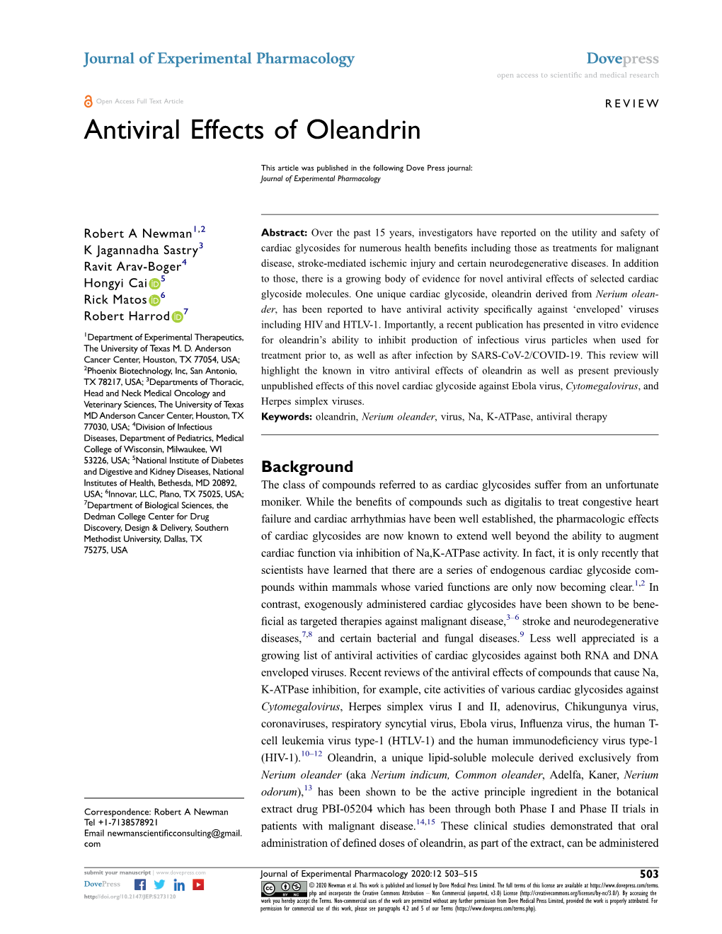 Antiviral Effects of Oleandrin